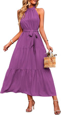 Women's Summer Floral Maxi Sun Dress Halter Neck - Flowy Ruffle Hem At