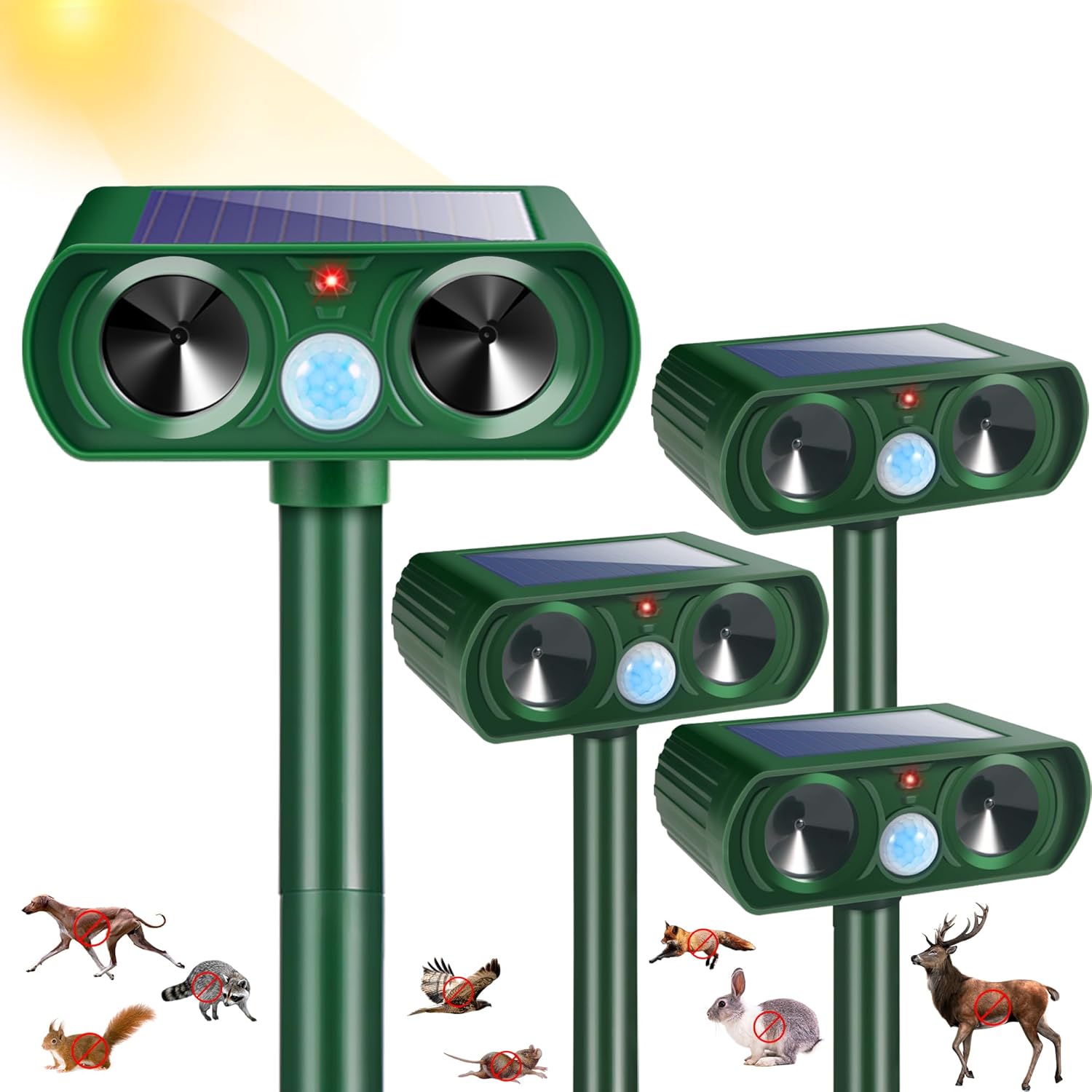 4Pack Solar Ultrasonic Animal Repellent Devices for Outdoor Use