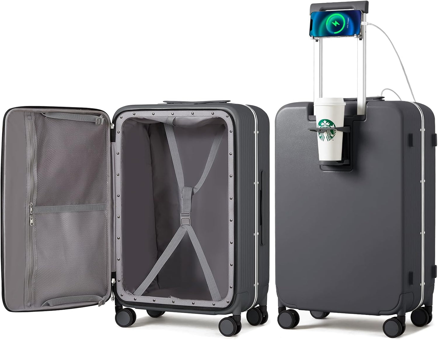 mixi Large Checked Luggage with Cup Holder and Charger Features