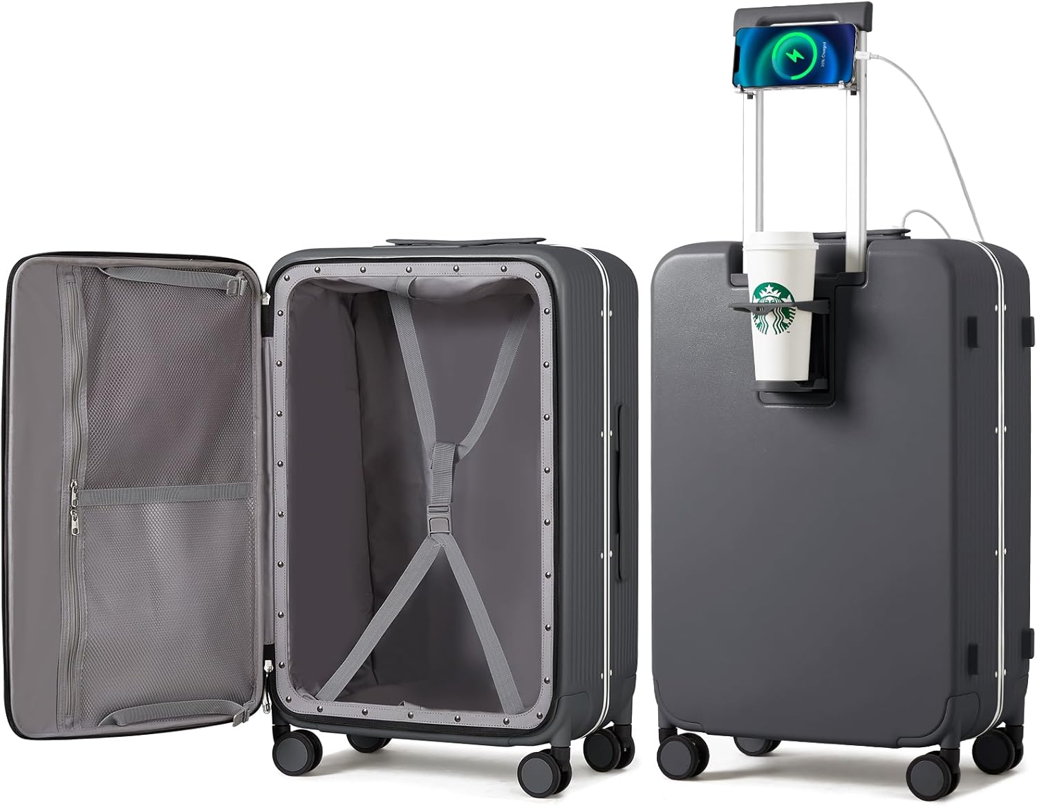 mixi Large Checked Luggage with Cup Holder and Charger Features