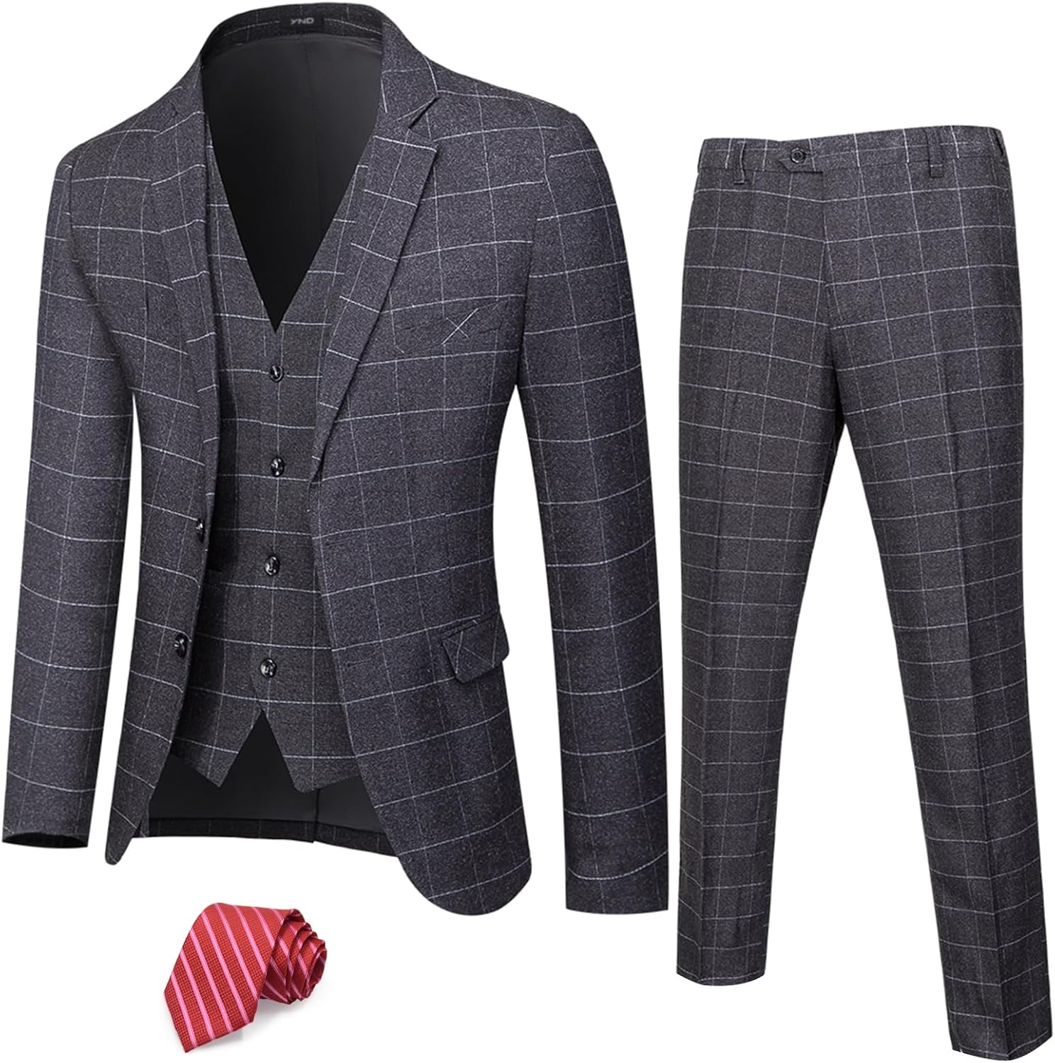 YND Men's 3 Piece Suit Set with Tie for Business and Weddings