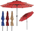 10ft 3-Tier Solar Patio Umbrella in Red - 32 LED Lights and Crank