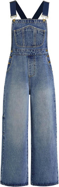 CIDER Overalls Denim Leopard Pocket Buckle Up Wide Leg Jumpsuit - Chic