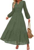 Women's Long Sleeve Eyelet Maxi Dress V Neck - Fall Flowy A Line