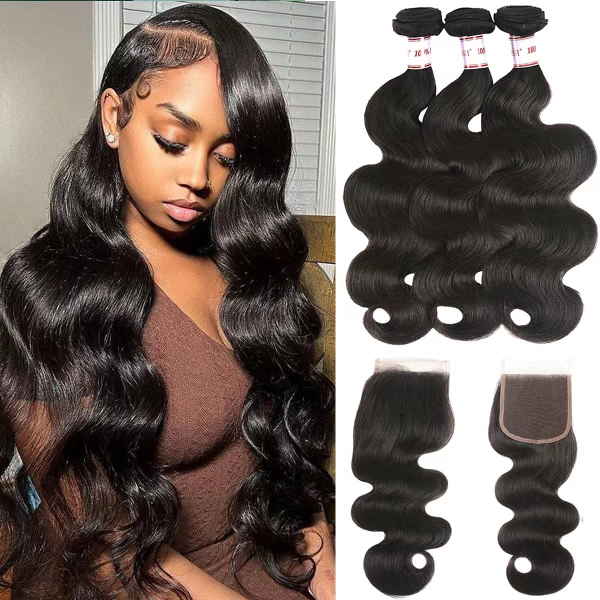 Bundles with Closure Brazilian Body Wave Hair Extensions 16 18 20