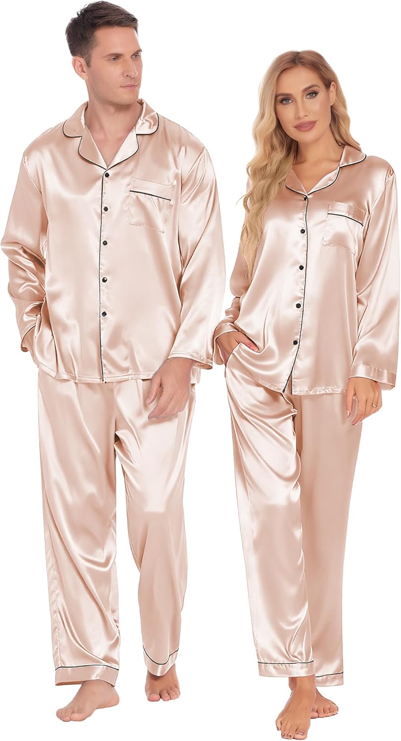 Ekouaer Couples Matching Pajamas Silk Long Sleeve Sleepwear Set
