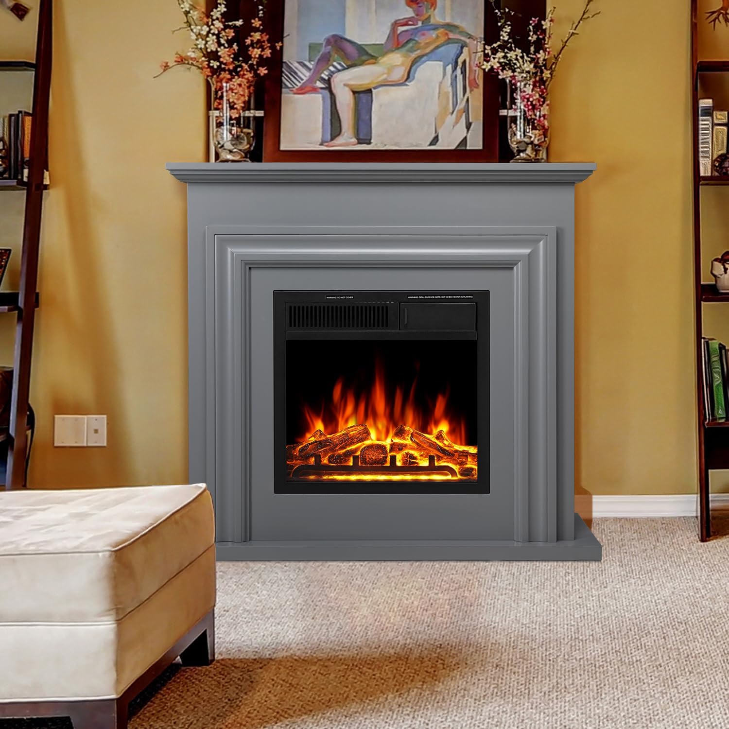 36 Electric Fireplace Mantel with Remote Control and Adjustable Flame