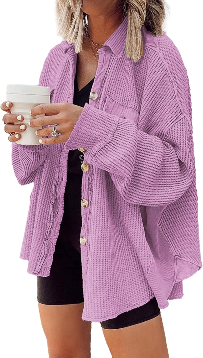 Waffle Knit Shacket for Women - Lightweight Oversized Style