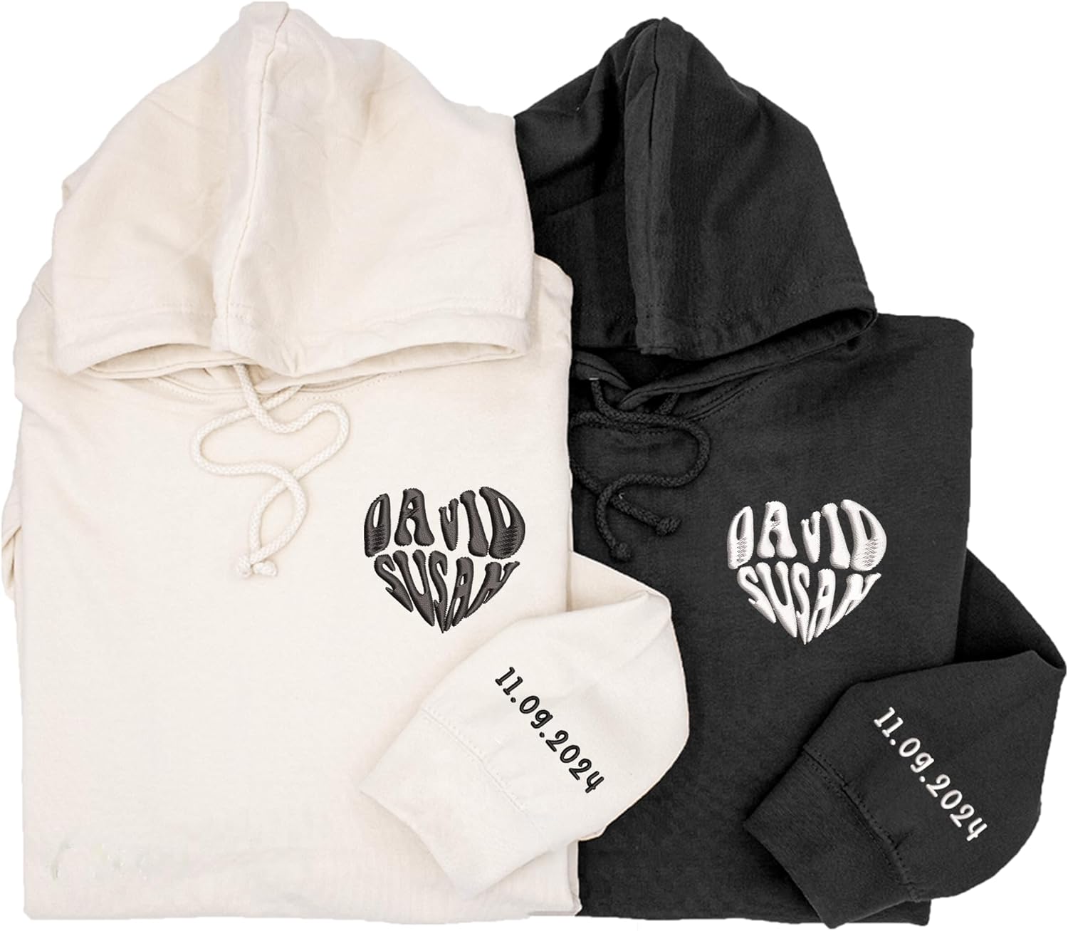 Personalized Couple Hoodies - Heart Design & Date Embroidery
