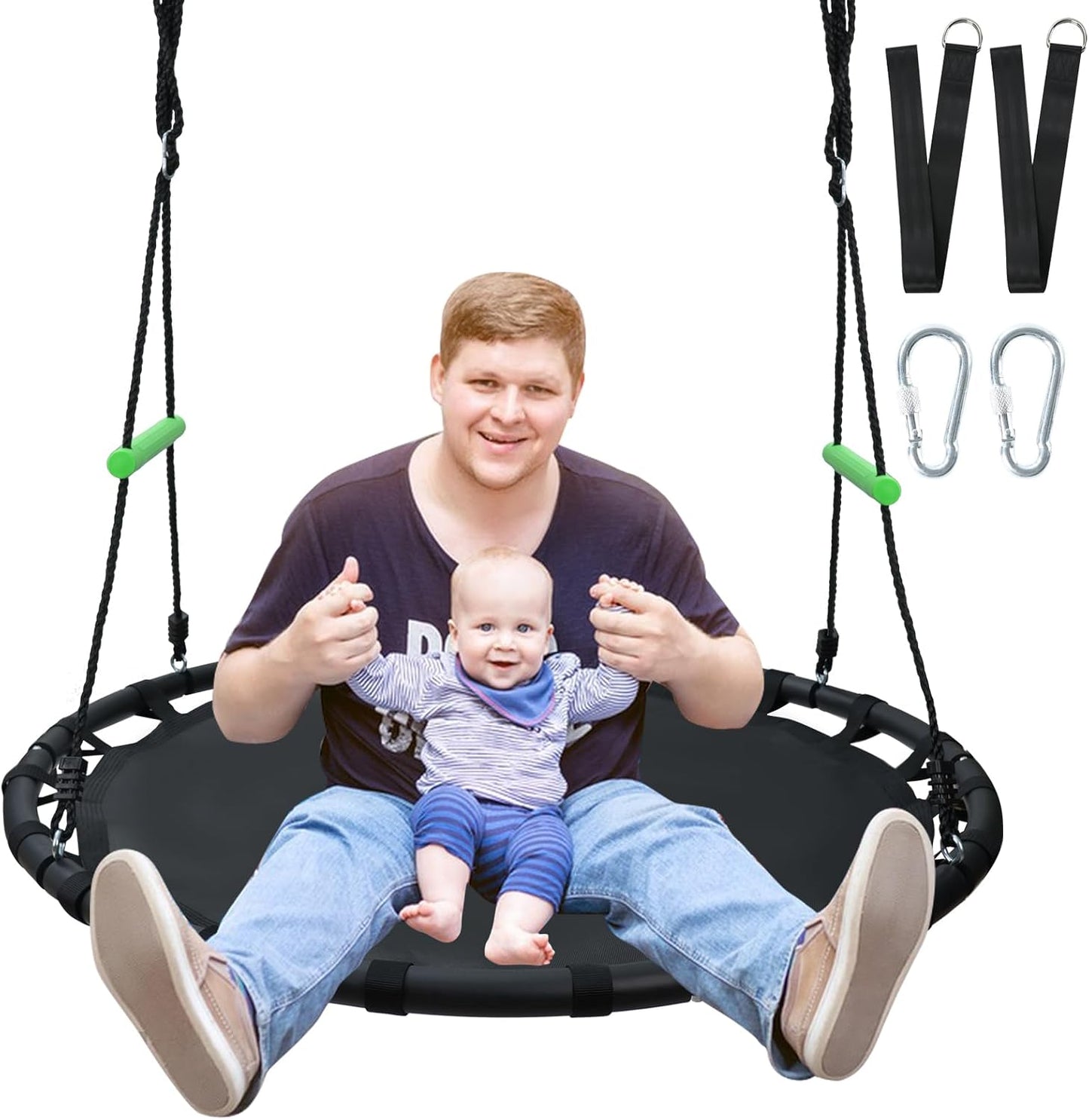 Black Round Saucer Swing with Handles for Fun Outdoor Play