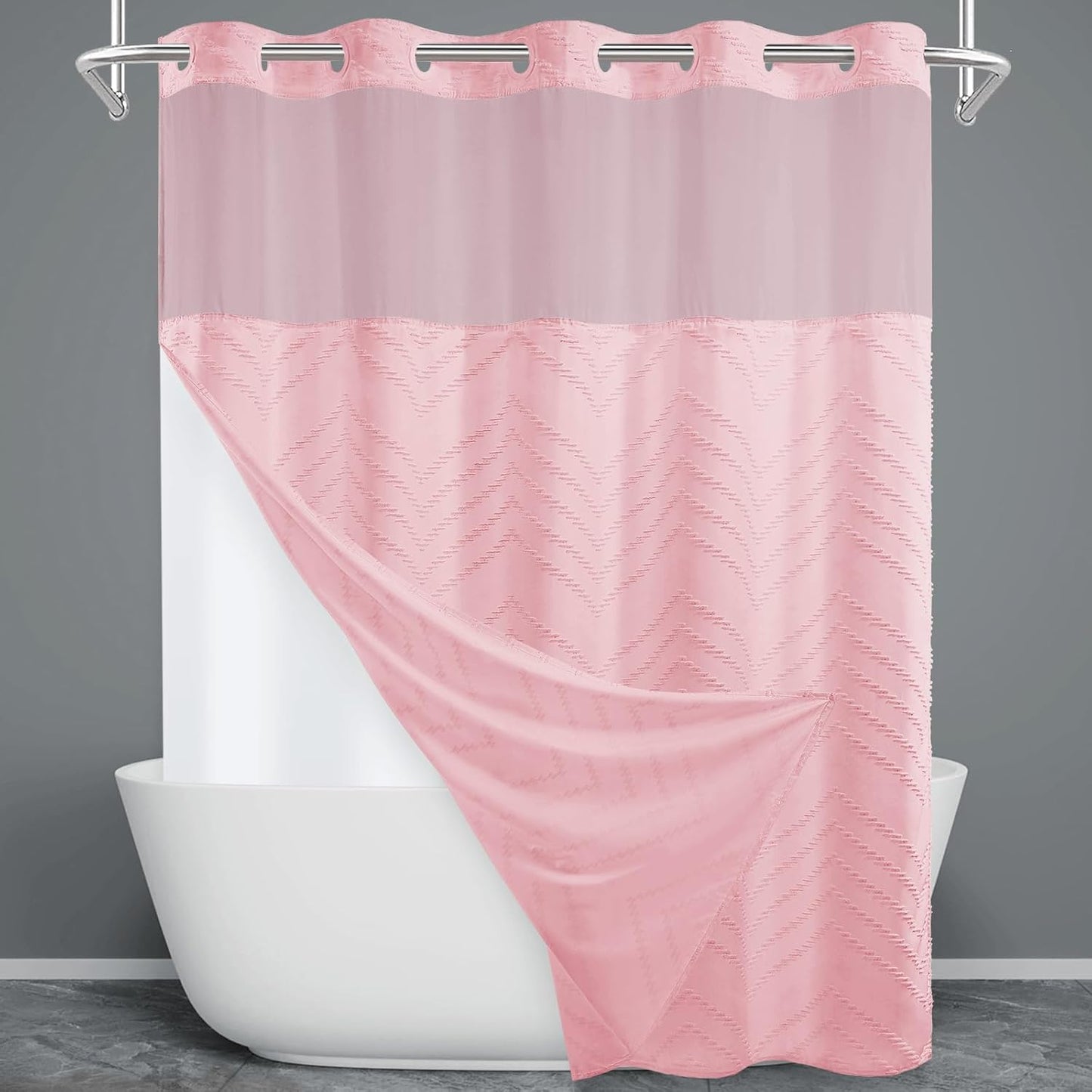 No Hook Shower Curtain Set with Tufted Chevron Design for Bath