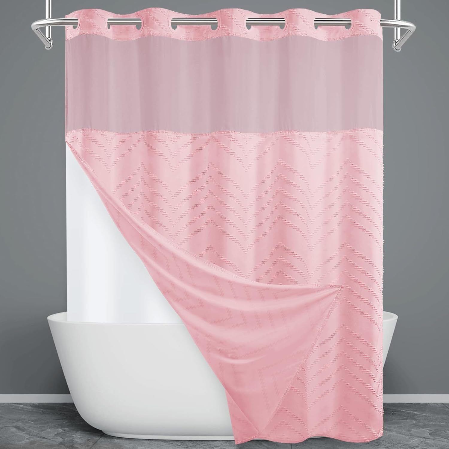 No Hook Shower Curtain Set with Tufted Chevron Design for Bath