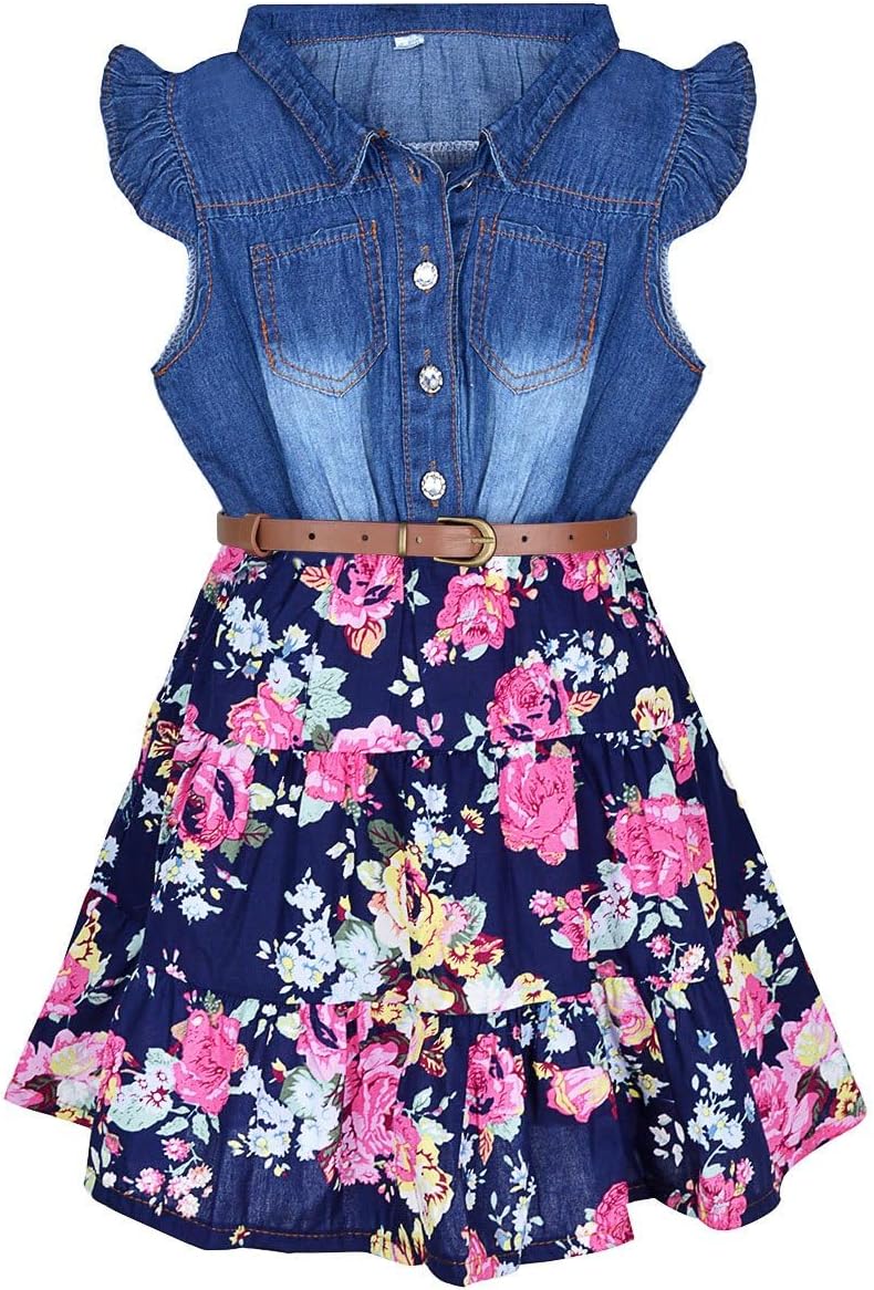 YJ.GWL Western Dress for Girls - Denim Flower Girl Dress