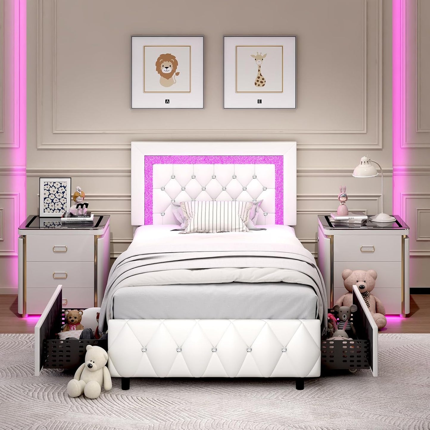 Twin Bed Frame with Storage Drawers and LED Lights for Kids