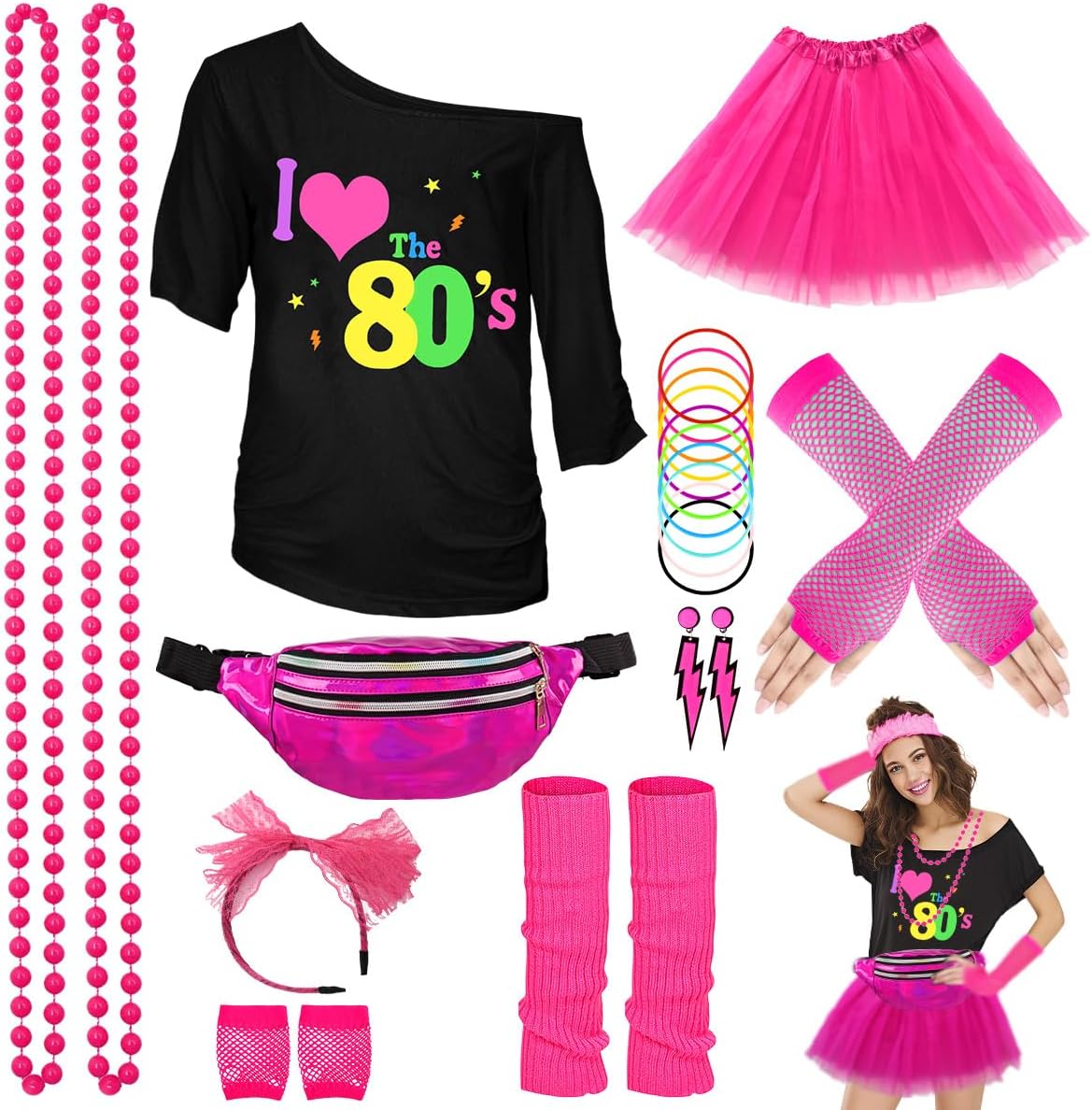 80s Costume Accessories for Women - Complete 24PCS Set