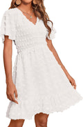 Womens Beach Vacation Dress V Neck Smocked Mini - Flowy Summer Fit