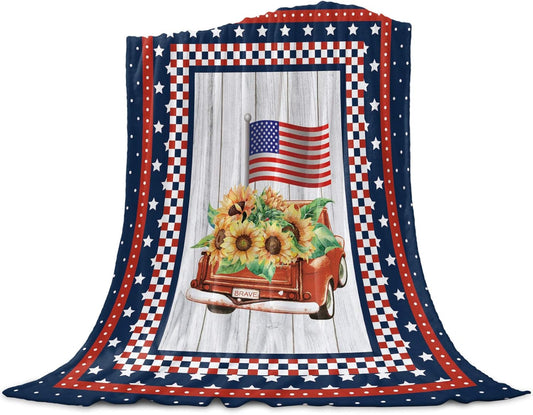4th of July USA American Flag Farm Trucks Soft Throw Blanket