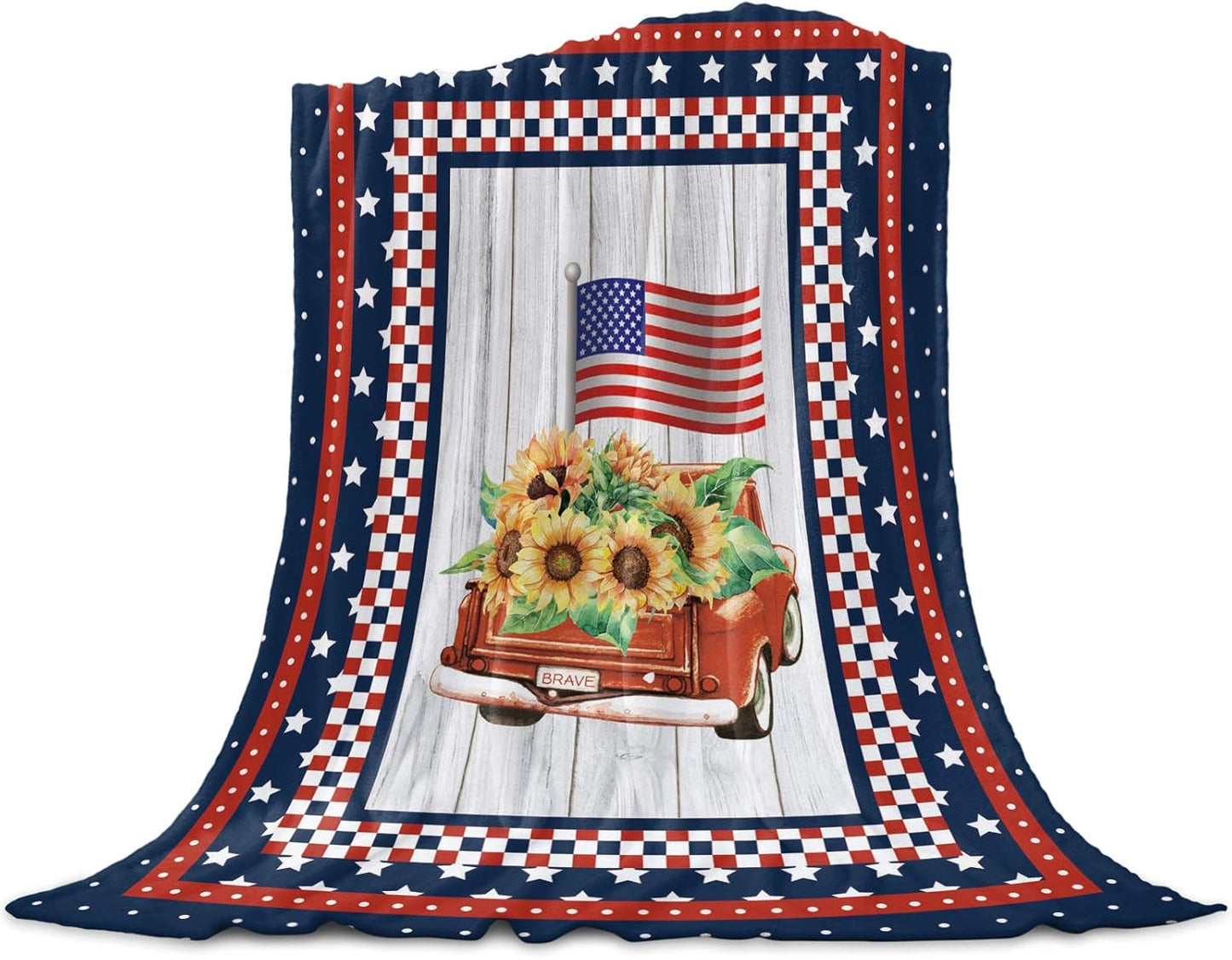 4th of July USA American Flag Farm Trucks Soft Throw Blanket