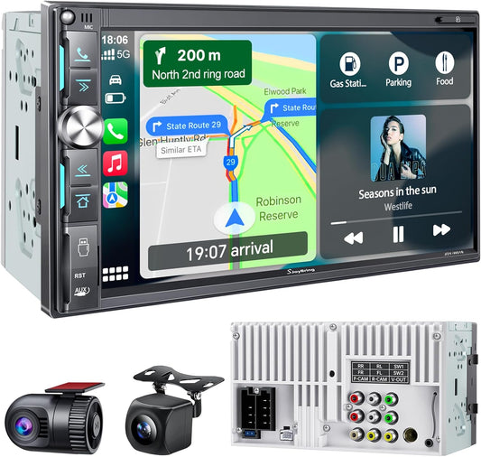 QLED Double Din Car Stereo with Dash Cam & Backup Camera Features