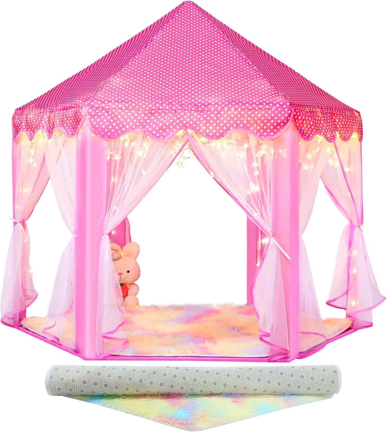 Princess Tent with Rainbow Rug and Star Lights for Girls