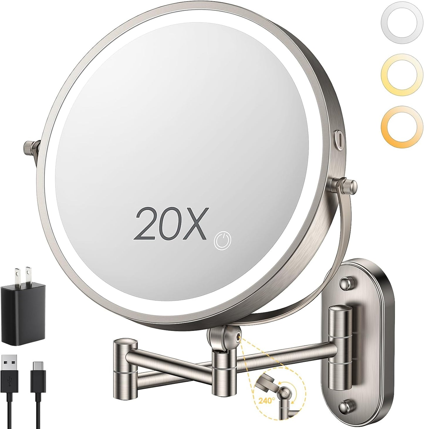 9in Wall Mounted Lighted Makeup Mirror with 360 Rotation Feature