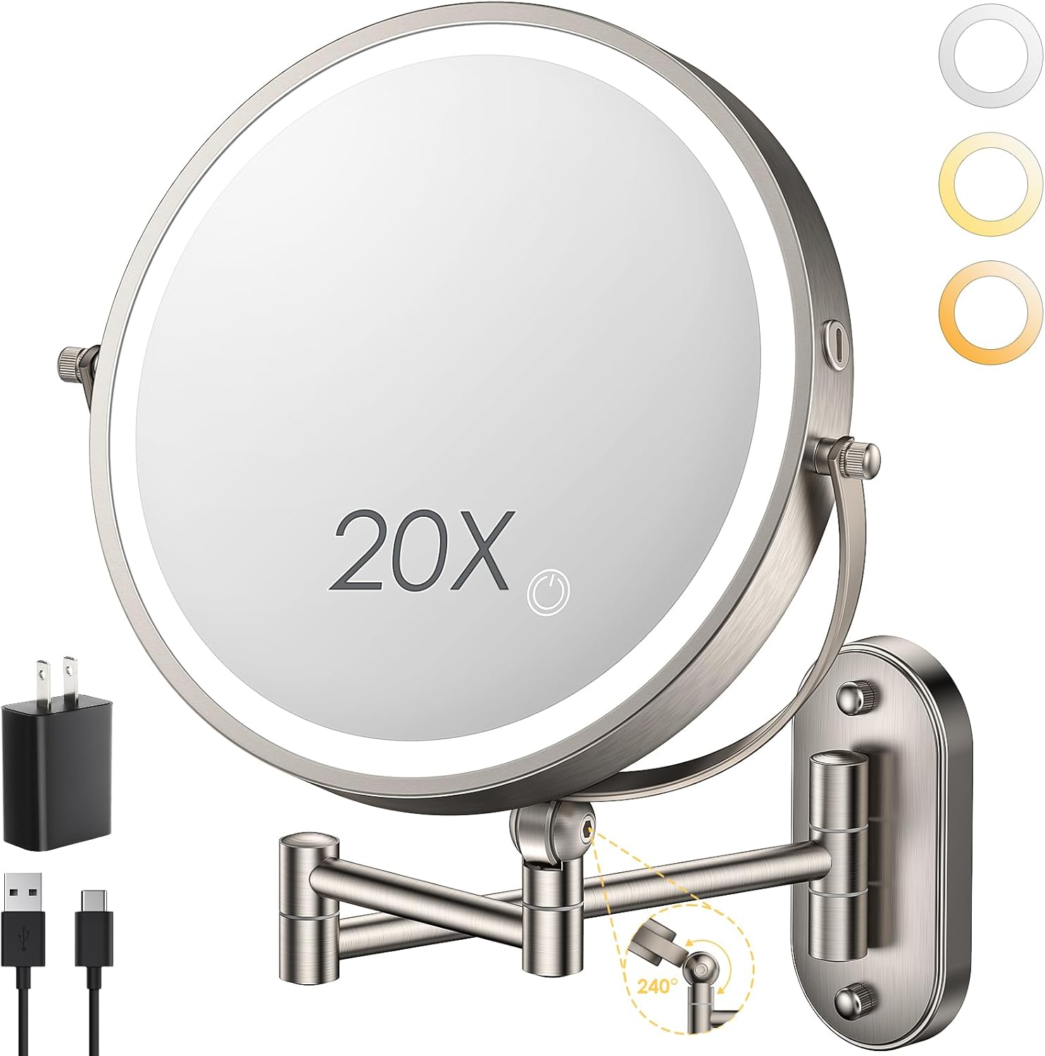 9in Wall Mounted Lighted Makeup Mirror with 360 Rotation Feature