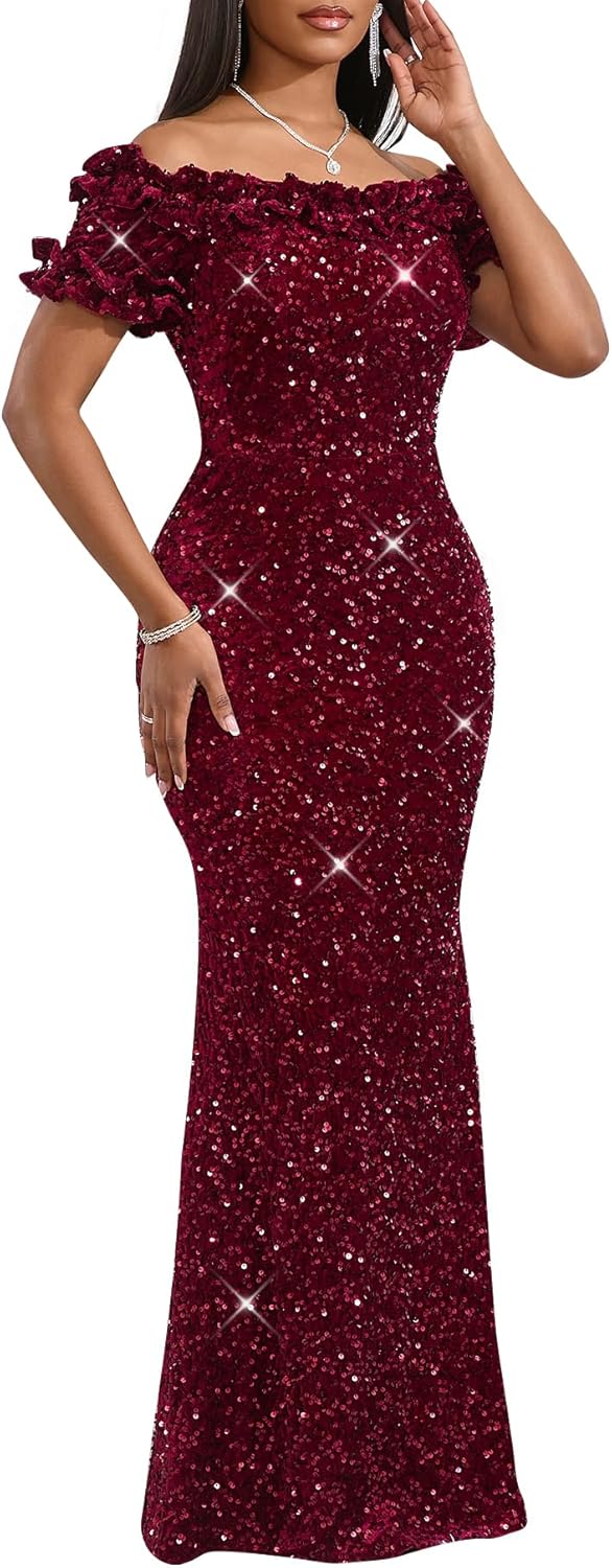 Women Sexy Sequin Off Shoulder Ruffle Bodycon Mermaid Dress