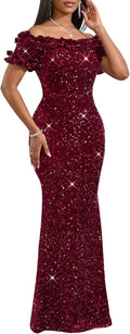 Women Sequin Off Shoulder Ruffle Mermaid Bodycon Dress - Evening Glam