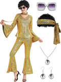 Women 70s Disco Costume 8 PCS Outfit for Halloween Cosplay
