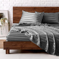 King Size Satin Bed Sheets Set - Dark Grey Striped, 4 Pc