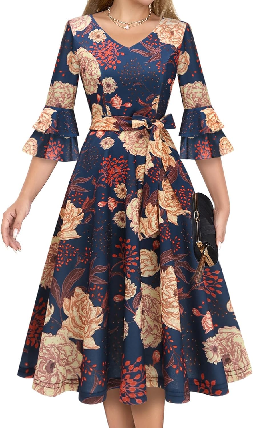 DRESSTELLS Womens Vintage V-Neck Long Bell Sleeve Cocktail Dress