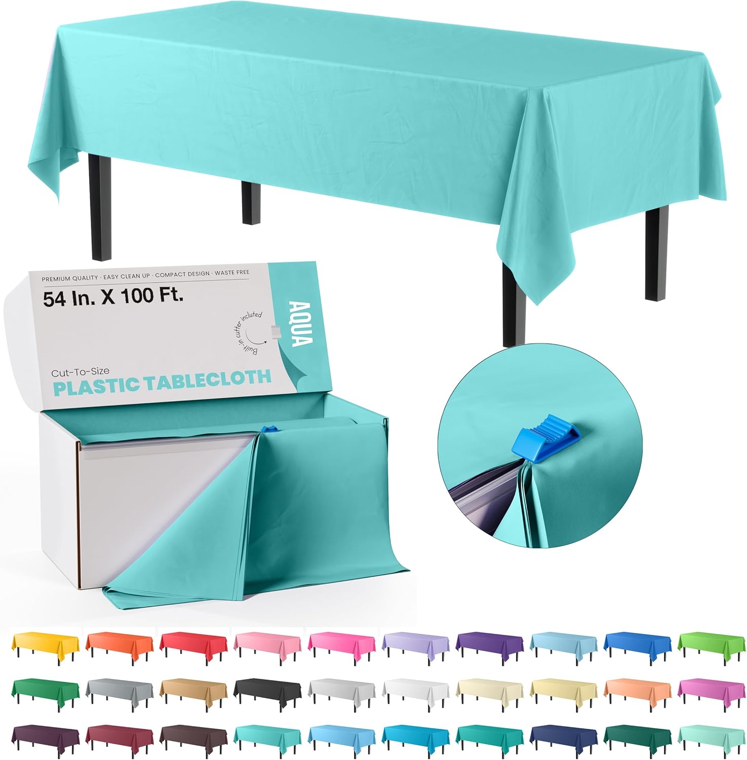 Party Solids Aqua Plastic Table Cover Roll for Easy Use