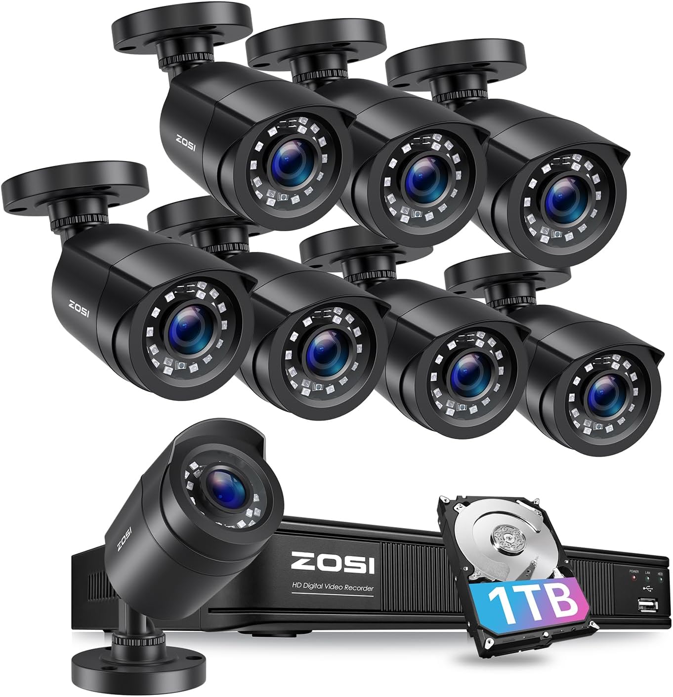 ZOSI H.265+1080p Home Security Camera System with 8 Cameras