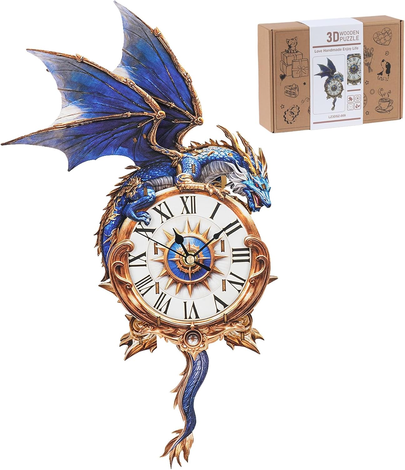 3D Wooden Puzzles for Adults - Blue Dragon Clock Model Kit