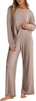Women 2 Piece Lounge Pajama Set - Loose Ribbed Knit Comfort