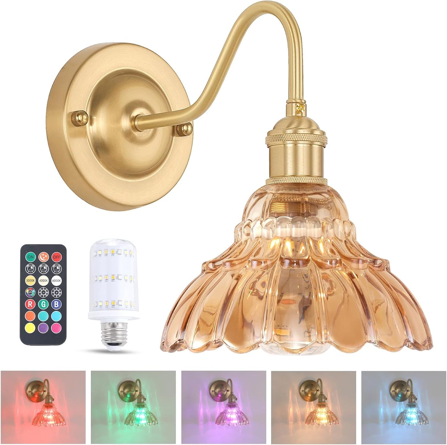 Battery Operated Wall Sconce with Vintage Amber Glass Shade