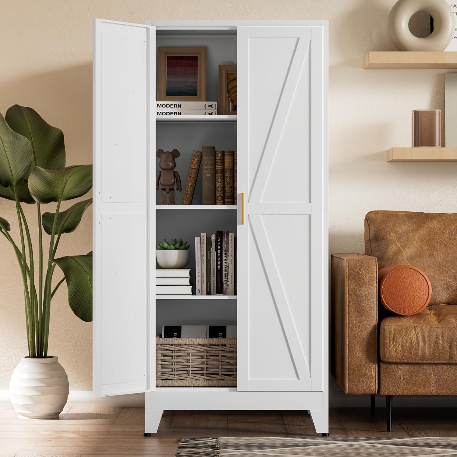 COFaR White Farmhouse Storage Kitchen Pantry Cabinet with Barn Doors