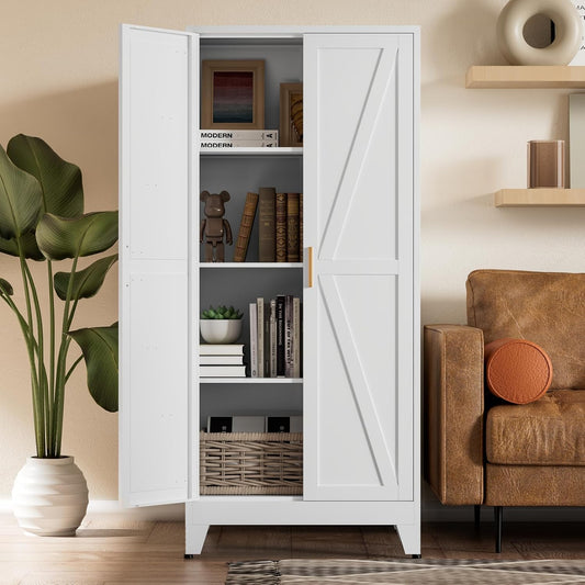 COFaR White Farmhouse Storage Kitchen Pantry Cabinet with Barn Doors