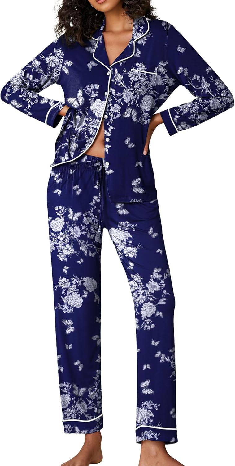 Ekouaer Pajamas Women's Long Sleeve Sleepwear Soft Button Down Set