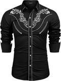 COOFANDY Mens Western Cowboy Shirt Rose Embroidered Slim Fit
