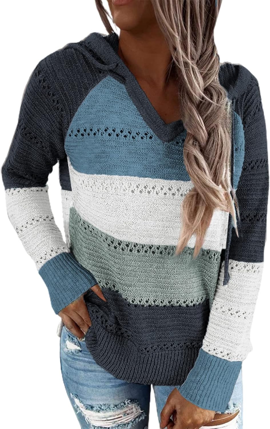 BLENCOT Women Color Block Hooded Crochet Striped Sweaters
