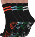 Non Slip Pilates Socks with Grips for Women - 4 Pairs Crew