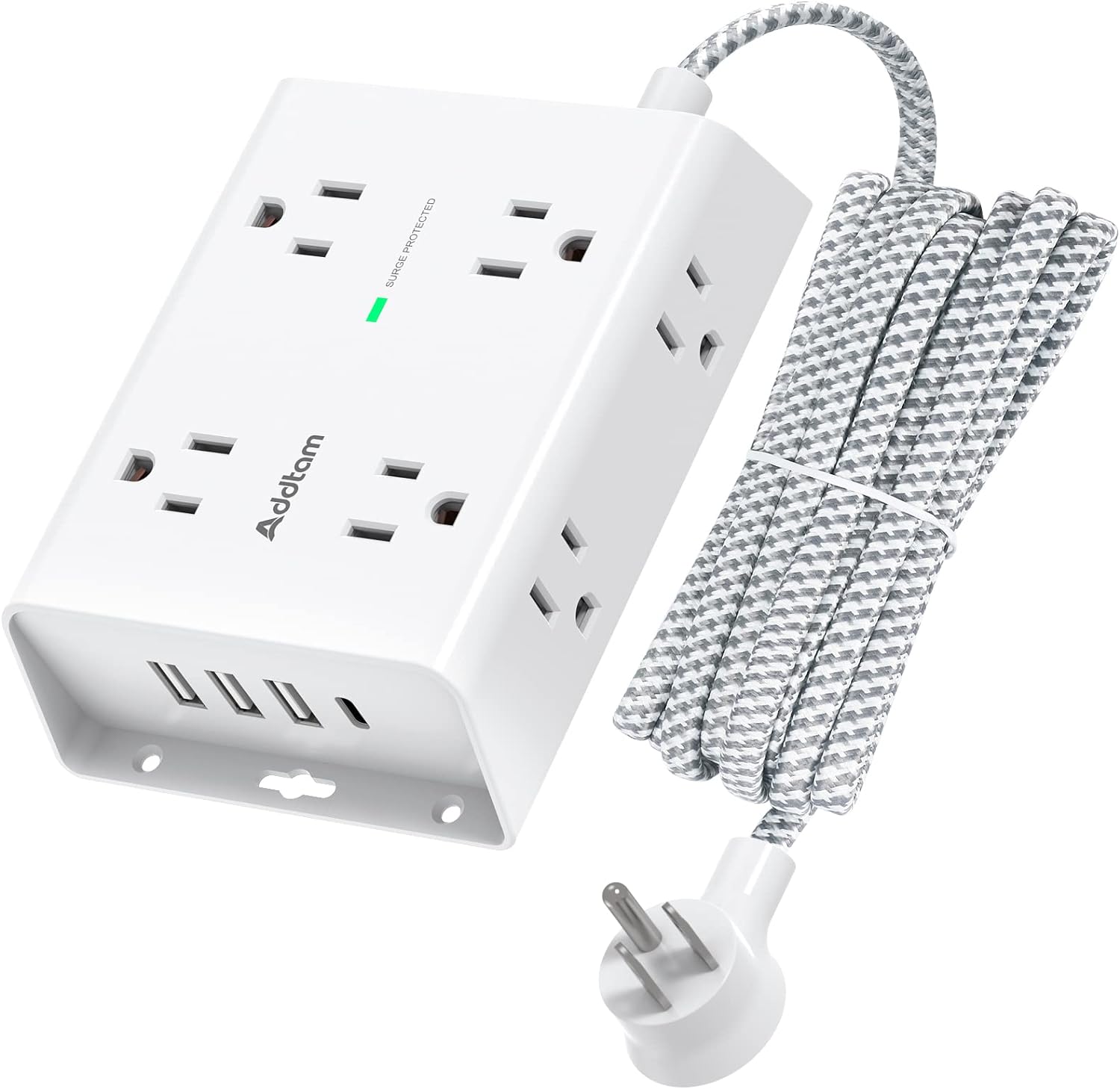 Addtam 10Ft Surge Protector Power Strip: 8 Outlets, 4 USB Ports, 3-Side Extender