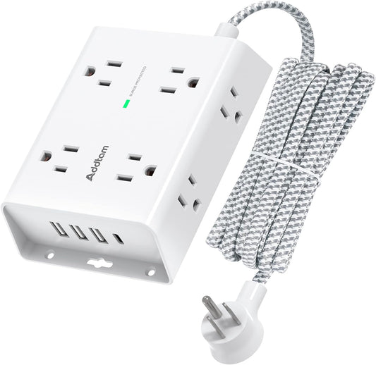 Addtam 10Ft Surge Protector Power Strip: 8 Outlets, 4 USB Ports, 3-Side Extender