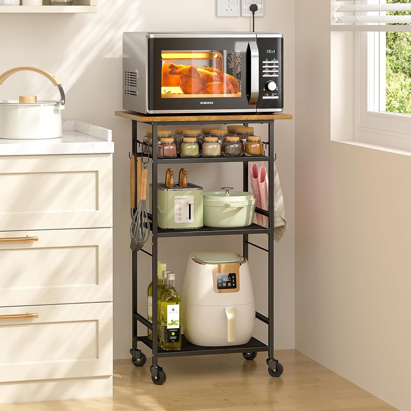 Rolling Kitchen Microwave Cart with Storage and Lockable Wheels