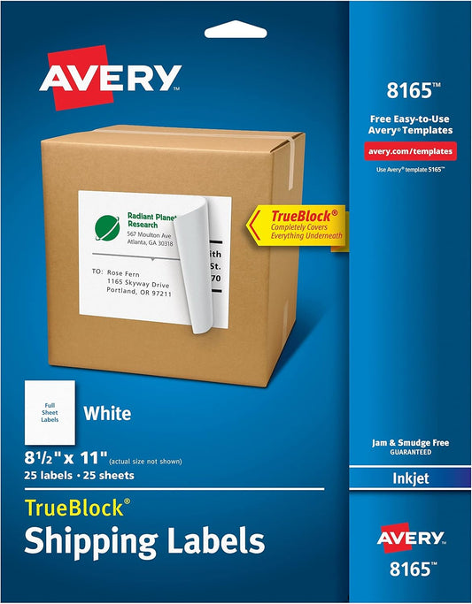 Avery TrueBlock Shipping Labels: Inkjet, 8.5x11, 25 Labels, Case of 5 - Easy Printing & Labeling