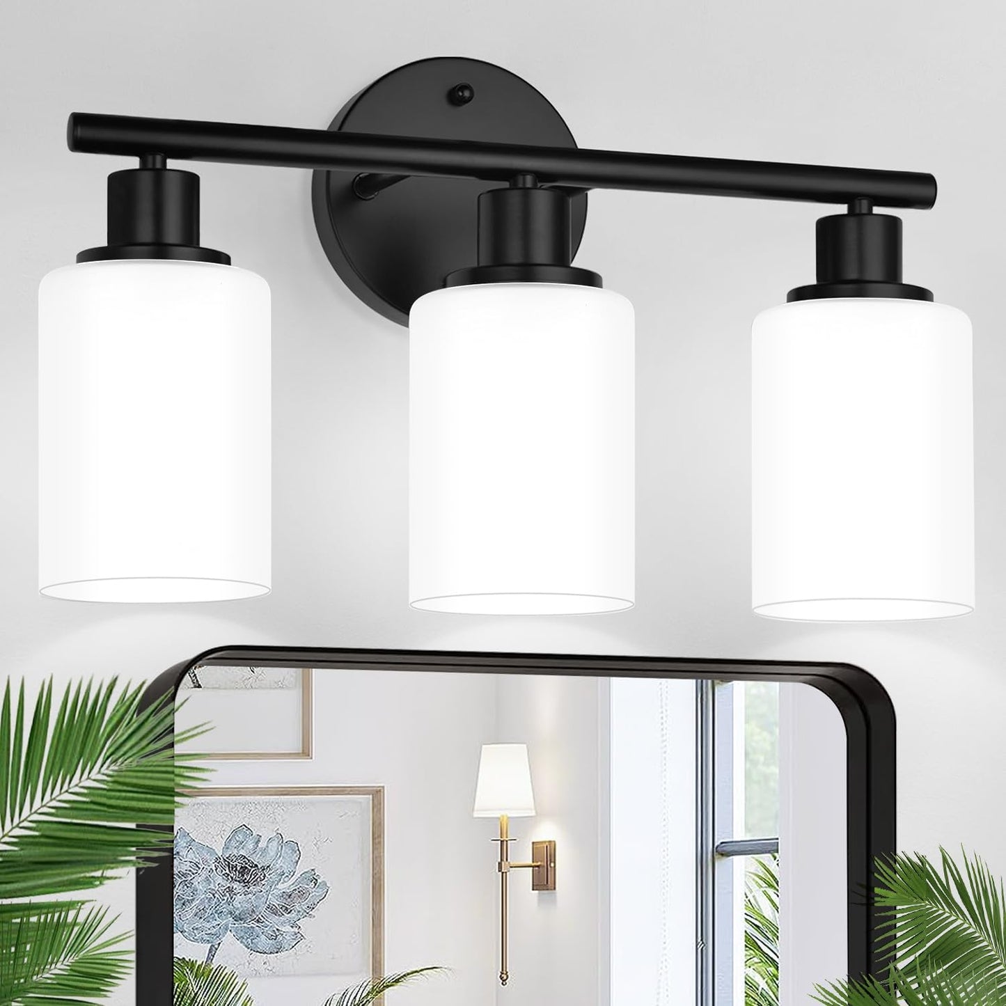 3-Light Bathroom Light Fixtures with Milky White Glass Shades