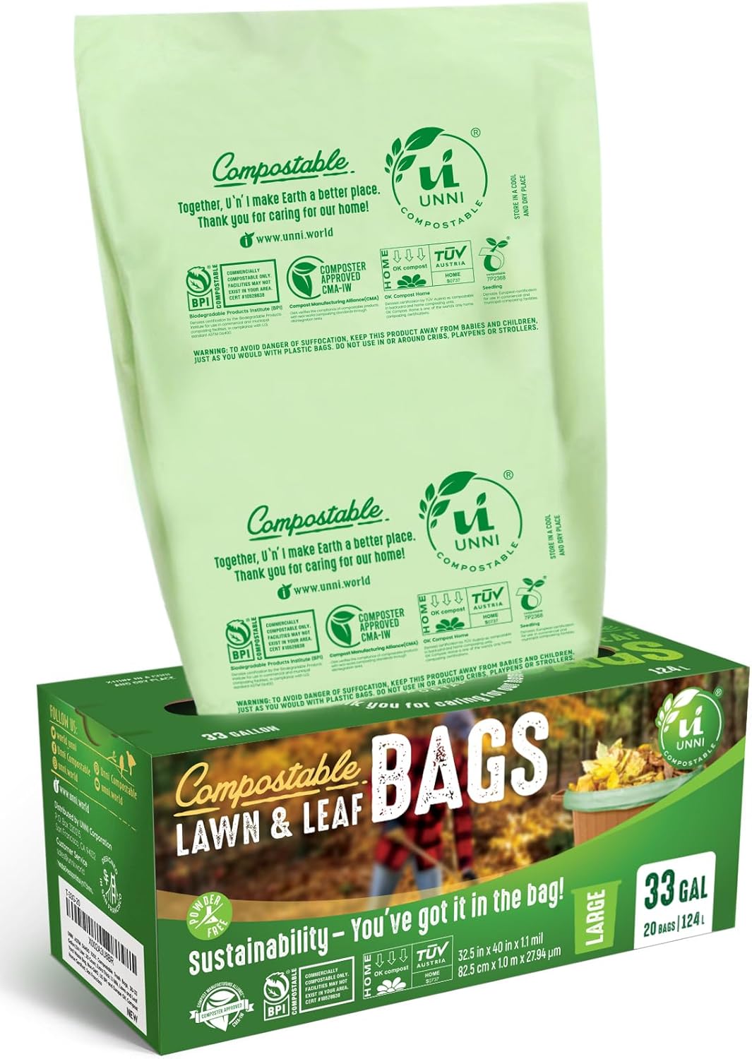 UNNI Compostable Lawn & Leaf Bags for Eco-Friendly Waste Disposal