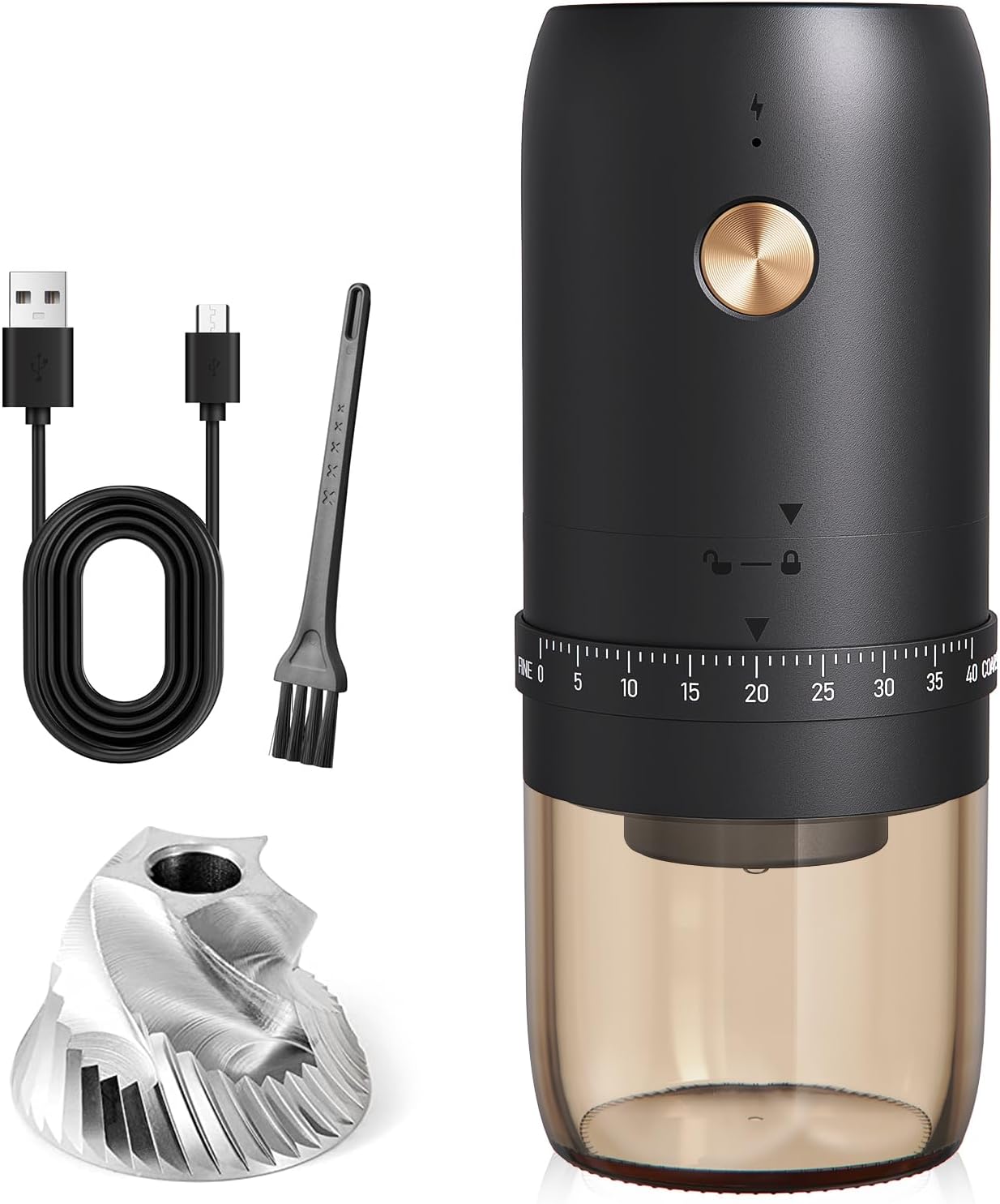 RealPero Portable Electric Coffee Grinder: 40 Adjustable Levels, Fast Grinding