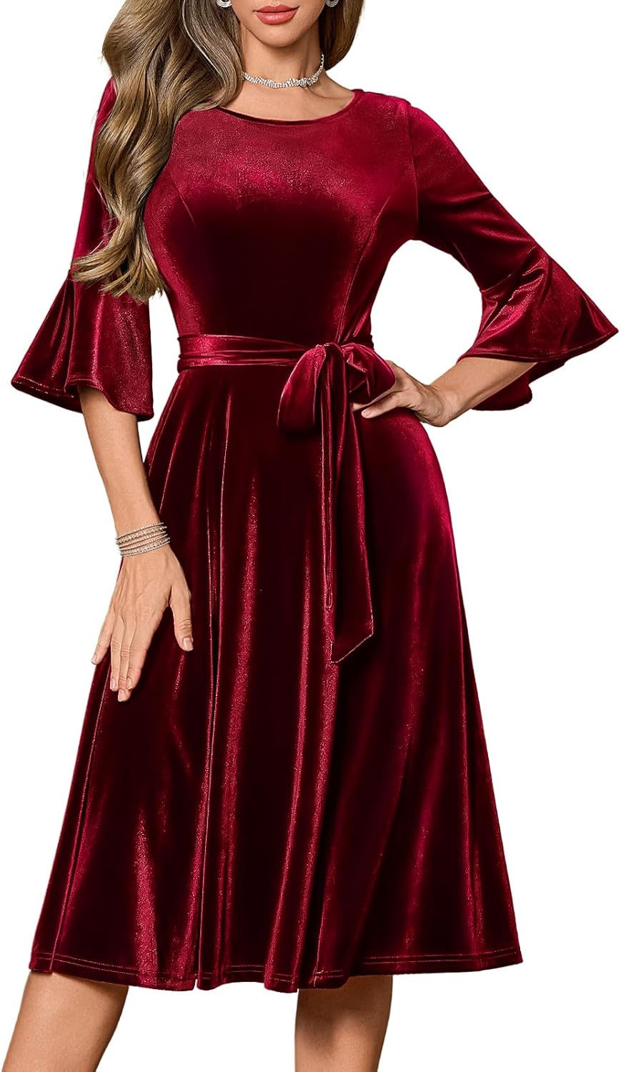 HomRain Women's Long Sleeve Velvet Midi Dress for Winter Events